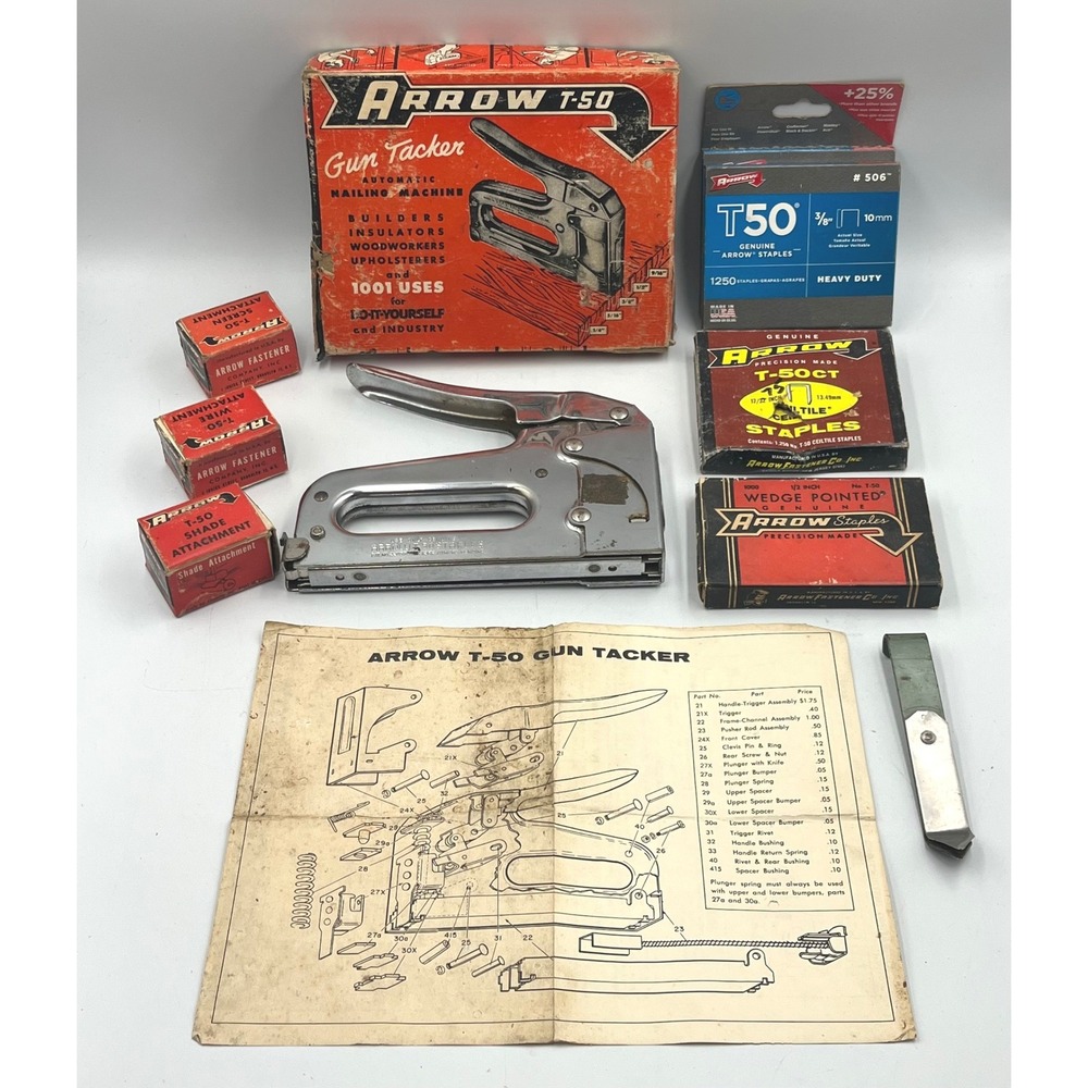 Vintage Arrow T-50 Staple Gun Tacker Set w/ Original Box Manual Attachments Lot